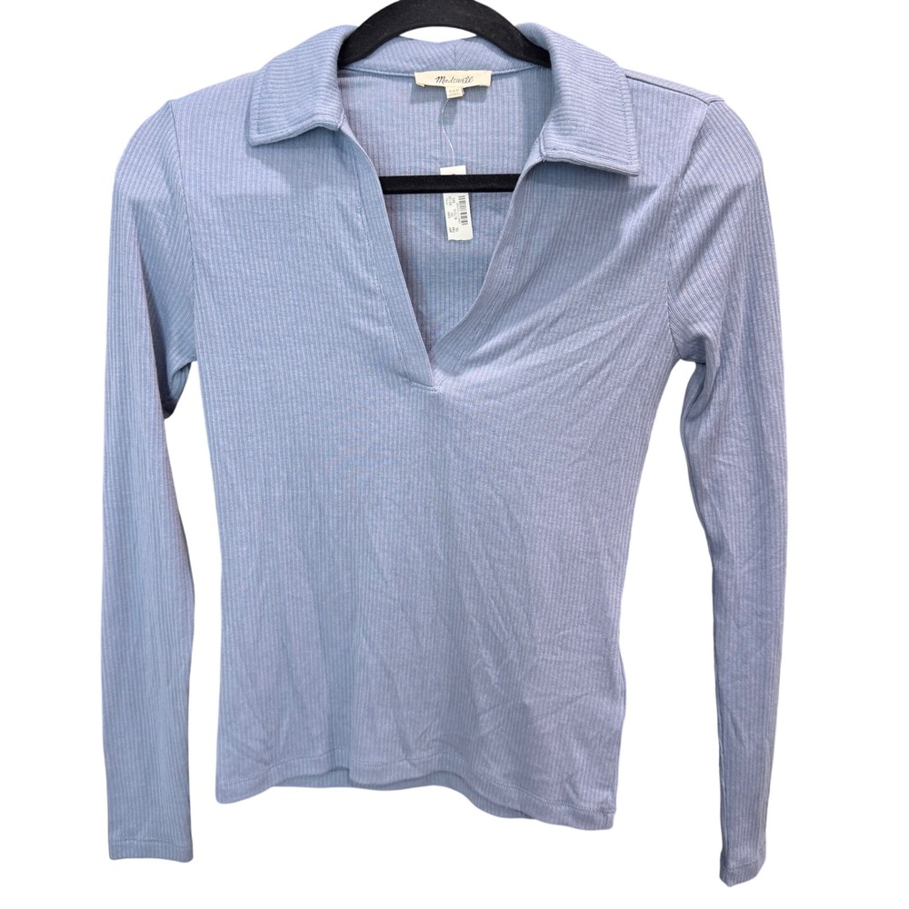 Madewell Ribbed Knit Polo Collar Long‎ Sleeve Top Shirt NWT Blue XXS